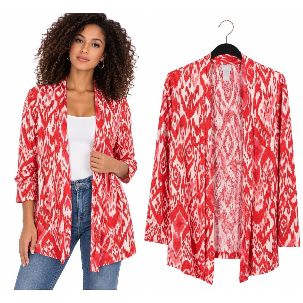 New Chicos Linen Open Front Cardigan Size XS Small Scarlet Ikat